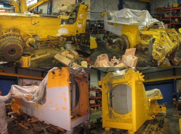 Бульдозер Komatsu D65ЕХ-16 в ремонтном цехе Разобранный бульдозер d65